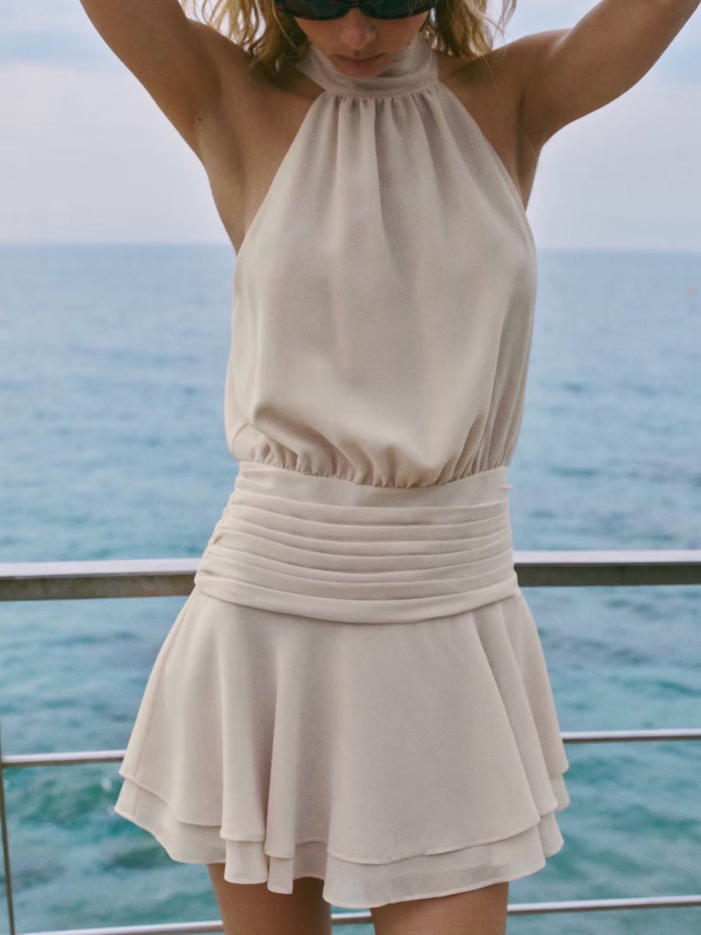 Mango Light Cream Halter Pleated-Waist Mini Dress